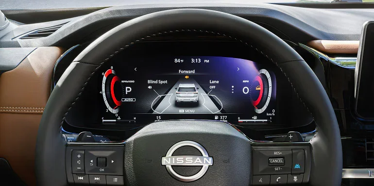 2026 Nissan Pathfinder Advanced Drive-Assist display screen showing Bluetooth Audio information.